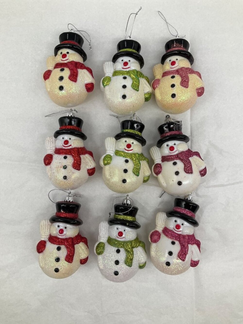 Set Of 9 Glittery Vintage Snowman Christmas Tree Ornaments With Scarves & Top